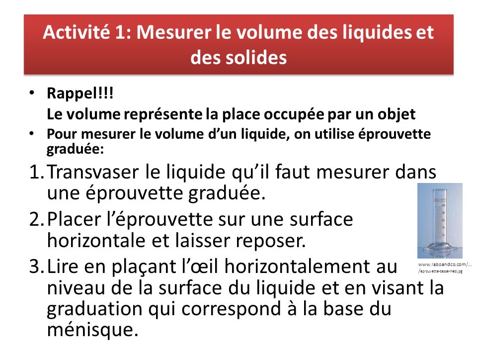 Activité 1: Mesurer le volume des liquides et des solides