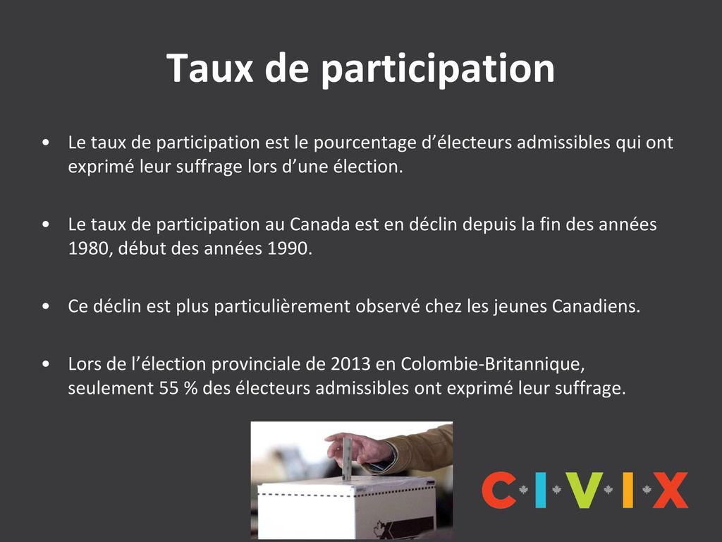 Taux de participation Le taux de participation est le pourcentage d’électeurs admissibles qui ont exprimé leur suffrage lors d’une élection.