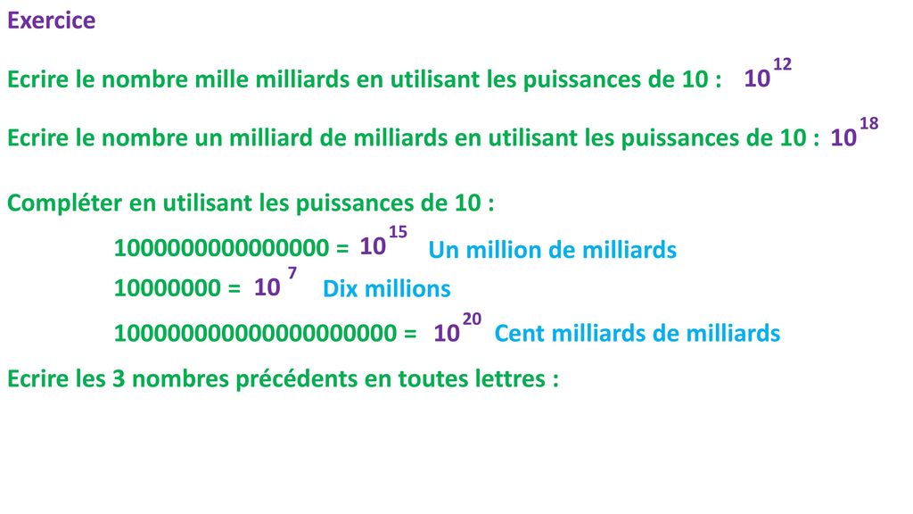 Ecrire le nombre mille milliards en utilisant les puissances de 10 :