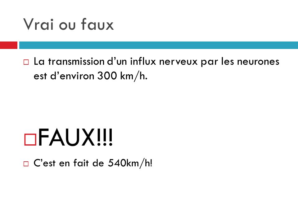 Vrai ou faux La transmission d’un influx nerveux par les neurones est d’environ 300 km/h. FAUX!!!