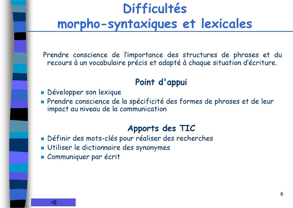 Difficultés morpho-syntaxiques et lexicales