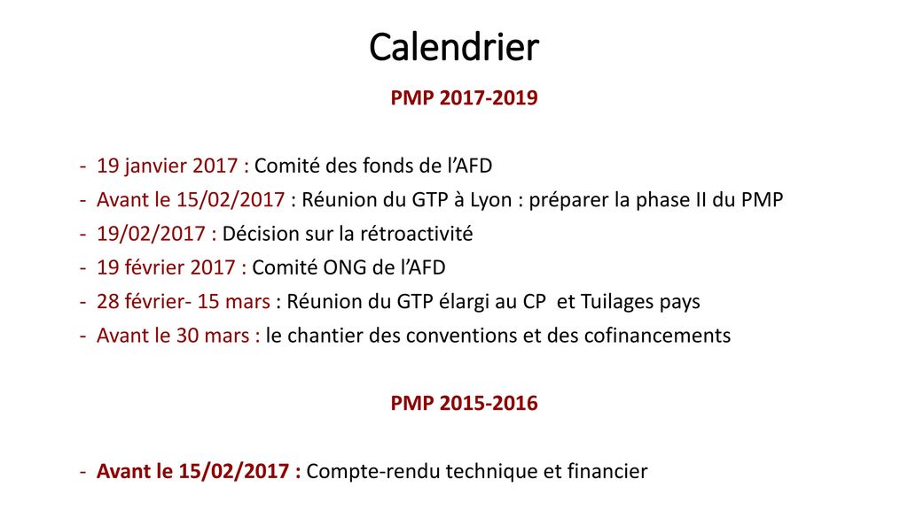 Calendrier PMP janvier 2017 : Comité des fonds de l’AFD