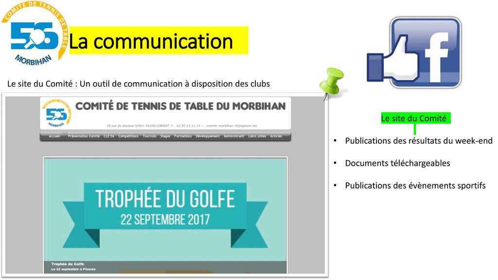 La communication Le site du Comité : Un outil de communication à disposition des clubs. Le site du Comité.