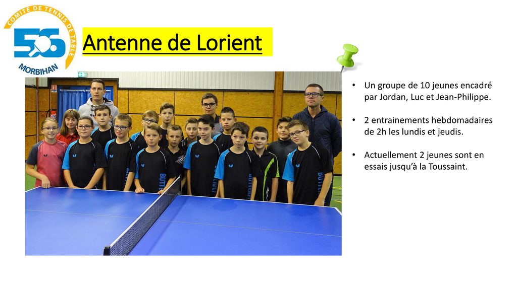 Antenne de Lorient Un groupe de 10 jeunes encadré par Jordan, Luc et Jean-Philippe. 2 entrainements hebdomadaires de 2h les lundis et jeudis.