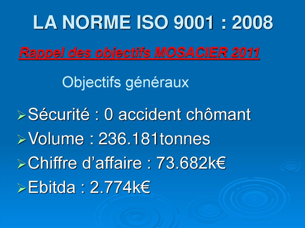 LA NORME ISO 9001 : 2008 Sécurité : 0 accident chômant