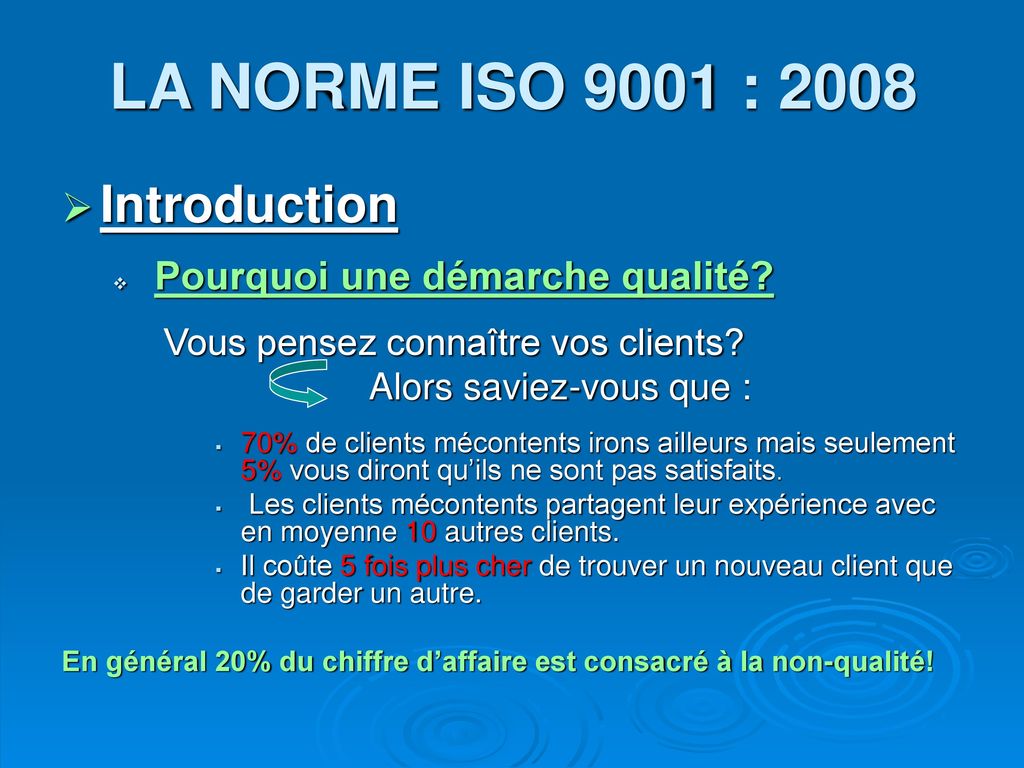LA NORME ISO 9001 : 2008 Introduction Alors saviez-vous que :