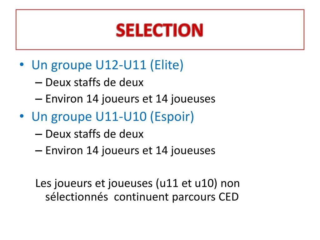 SELECTION Un groupe U12-U11 (Elite) Un groupe U11-U10 (Espoir)