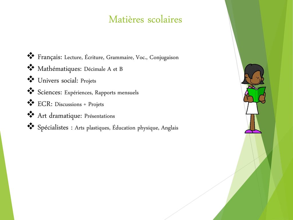 Matières scolaires Français: Lecture, Écriture, Grammaire, Voc., Conjugaison. Mathématiques: Décimale A et B.