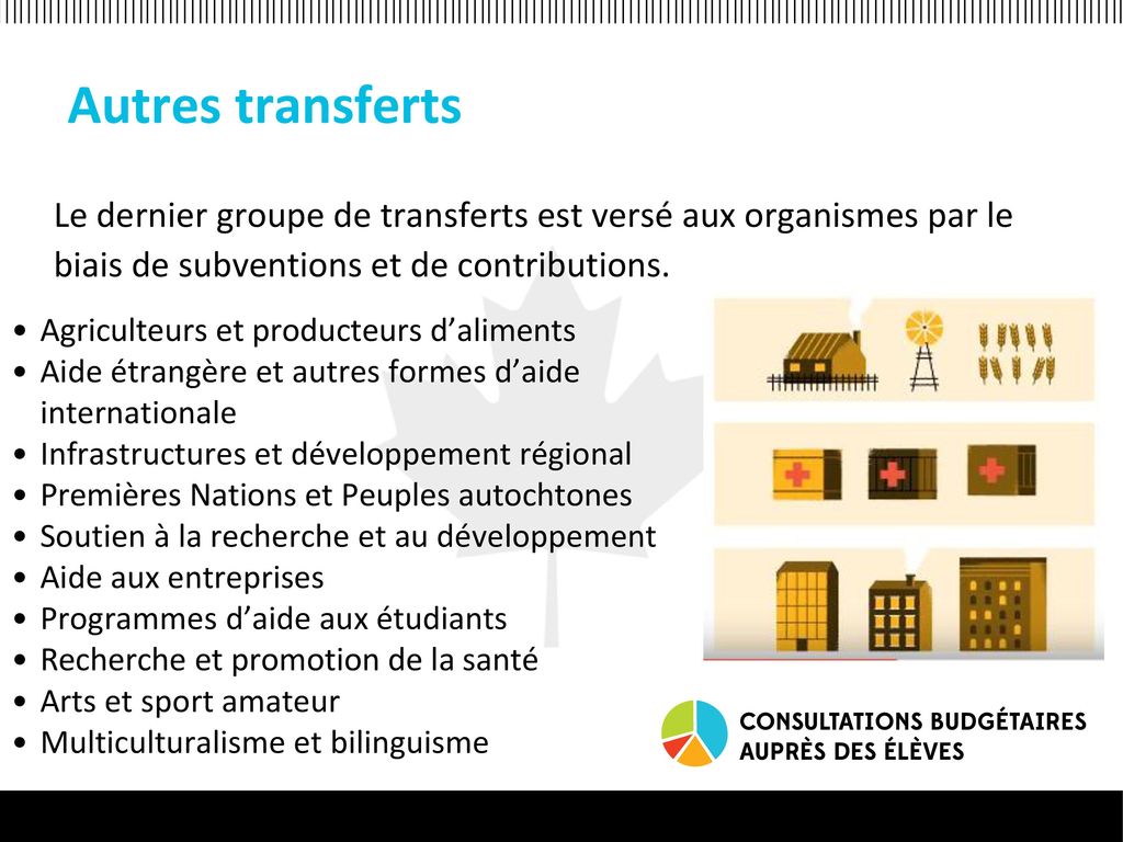 Autres transferts Le dernier groupe de transferts est versé aux organismes par le biais de subventions et de contributions.