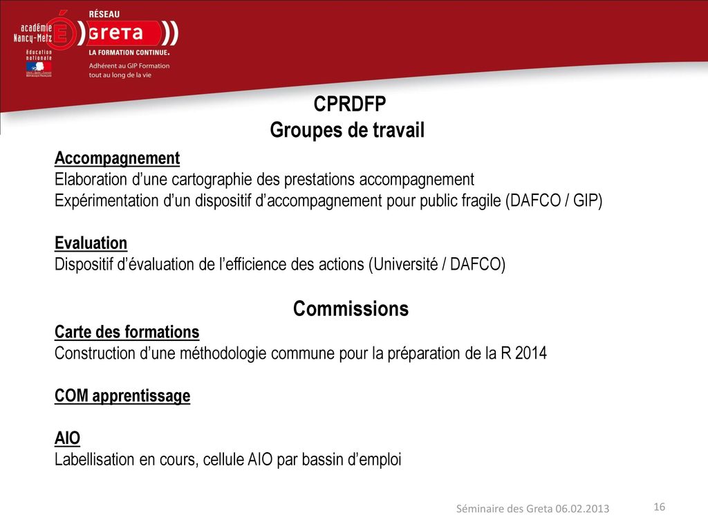 CPRDFP Groupes de travail