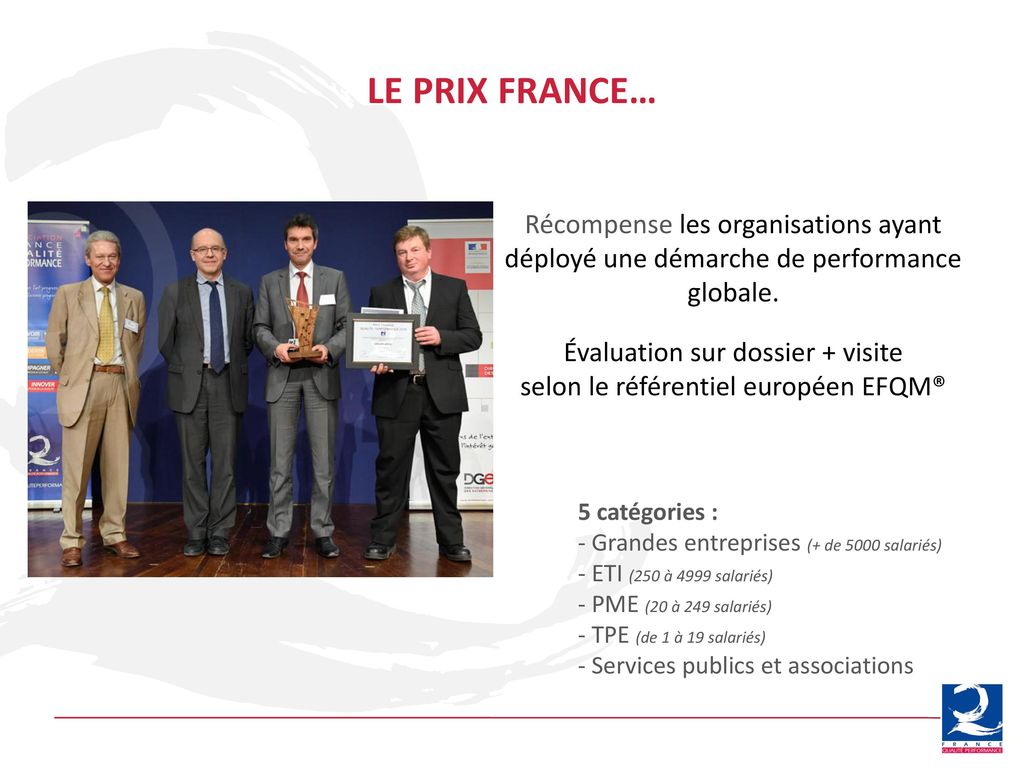 LE PRIX FRANCE… Récompense les organisations ayant déployé une démarche de performance globale. Évaluation sur dossier + visite.