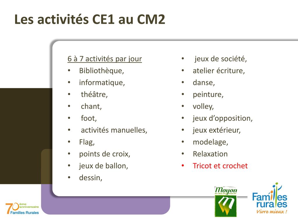 Les activités CE1 au CM2 6 à 7 activités par jour jeux de société,