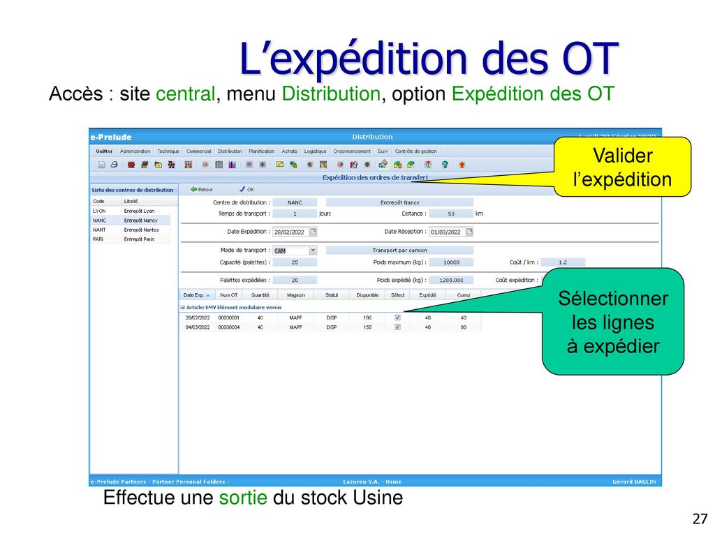 L’expédition des OT Accès : site central, menu Distribution, option Expédition des OT. Valider. l’expédition.