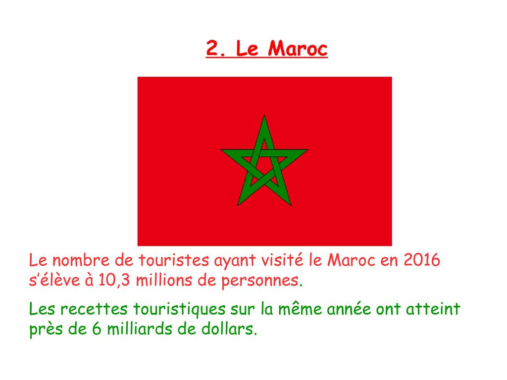 2. Le Maroc Le nombre de touristes ayant visité le Maroc en 2016 s’élève à 10,3 millions de personnes.