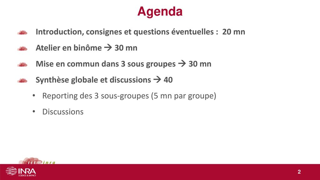 Agenda Introduction, consignes et questions éventuelles : 20 mn