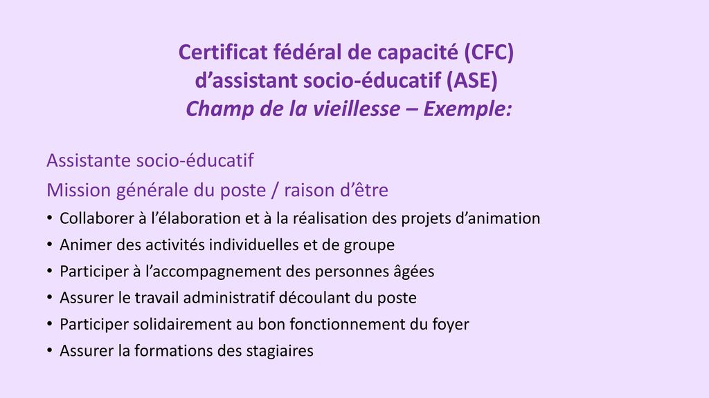 Certificat fédéral de capacité (CFC) d’assistant socio-éducatif (ASE)