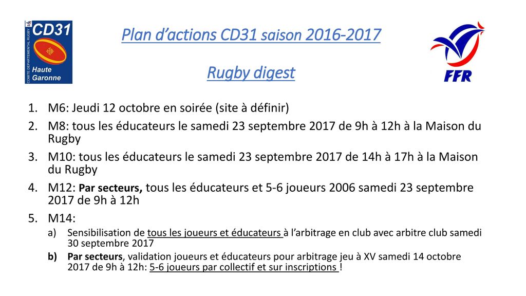 Plan d’actions CD31 saison Rugby digest