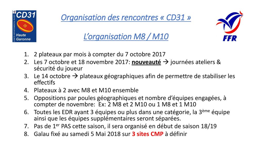 Organisation des rencontres « CD31 » L’organisation M8 / M10