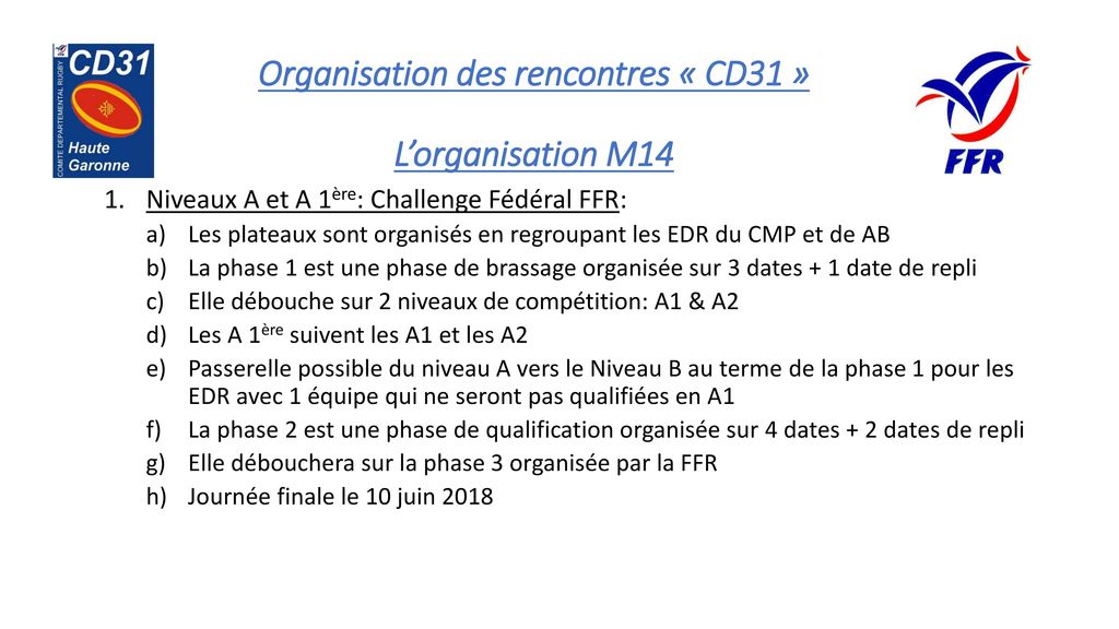 Organisation des rencontres « CD31 » L’organisation M14
