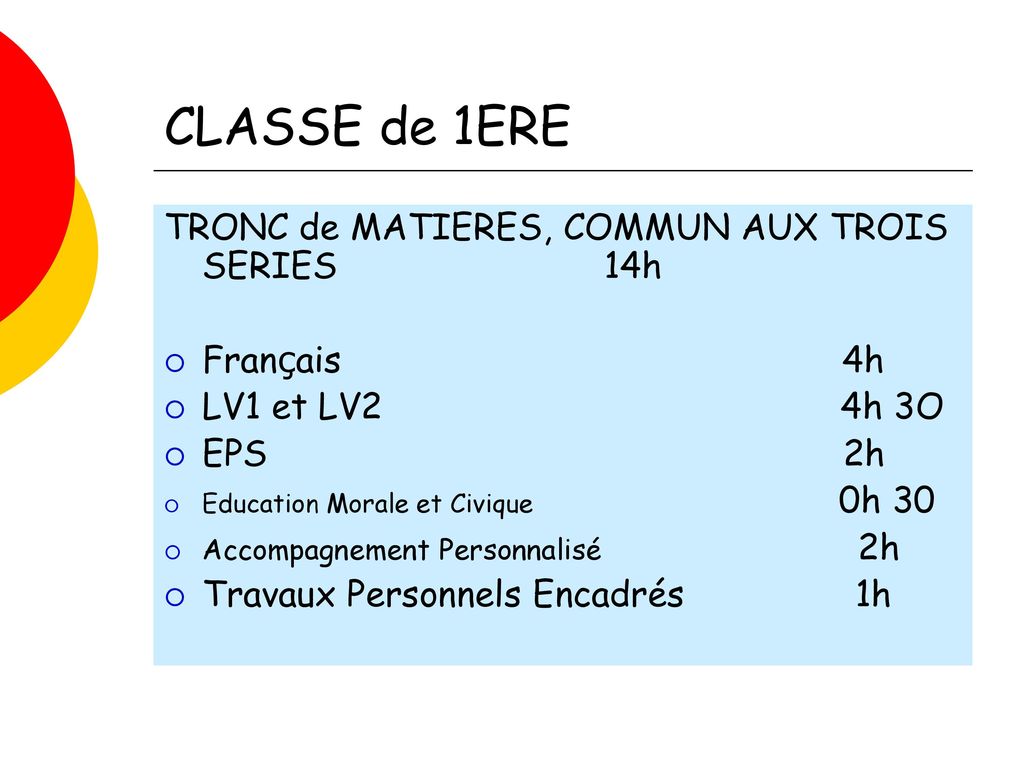 CLASSE de 1ERE TRONC de MATIERES, COMMUN AUX TROIS SERIES 14h