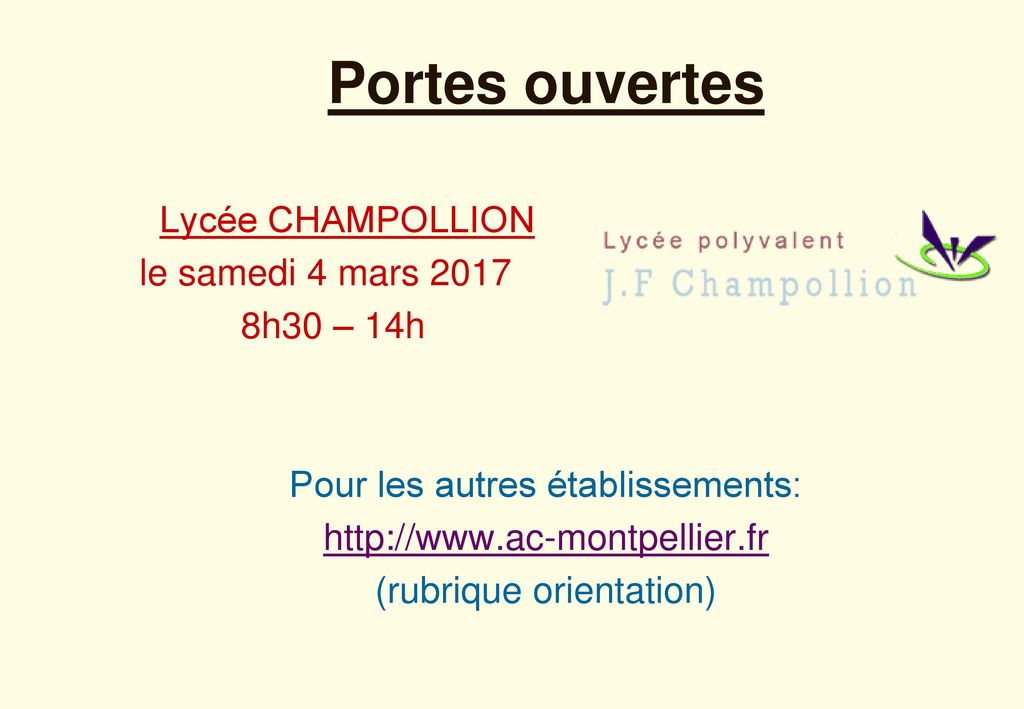 Portes ouvertes Lycée CHAMPOLLION le samedi 4 mars h30 – 14h