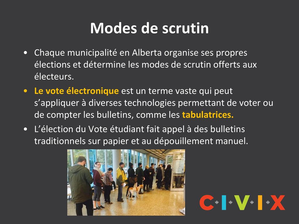 Modes de scrutin Chaque municipalité en Alberta organise ses propres élections et détermine les modes de scrutin offerts aux électeurs.