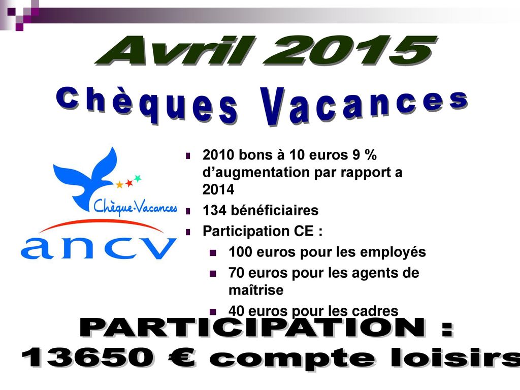 Chèques Vacances Avril 2015 PARTICIPATION : € compte loisirs