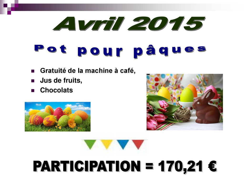 Pot pour pâques Avril 2015 PARTICIPATION = 170,21 €