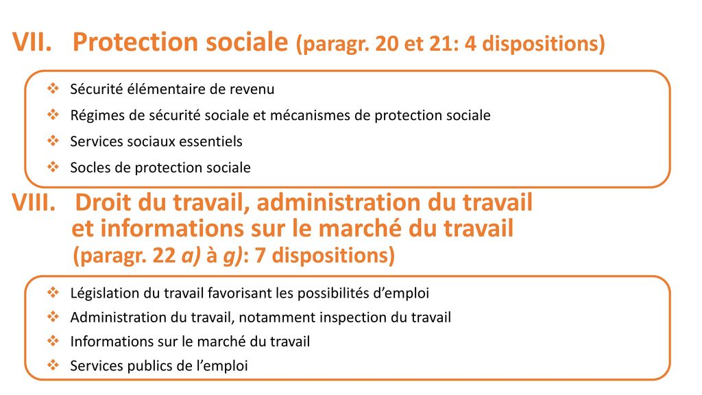 VII. Protection sociale (paragr. 20 et 21: 4 dispositions)