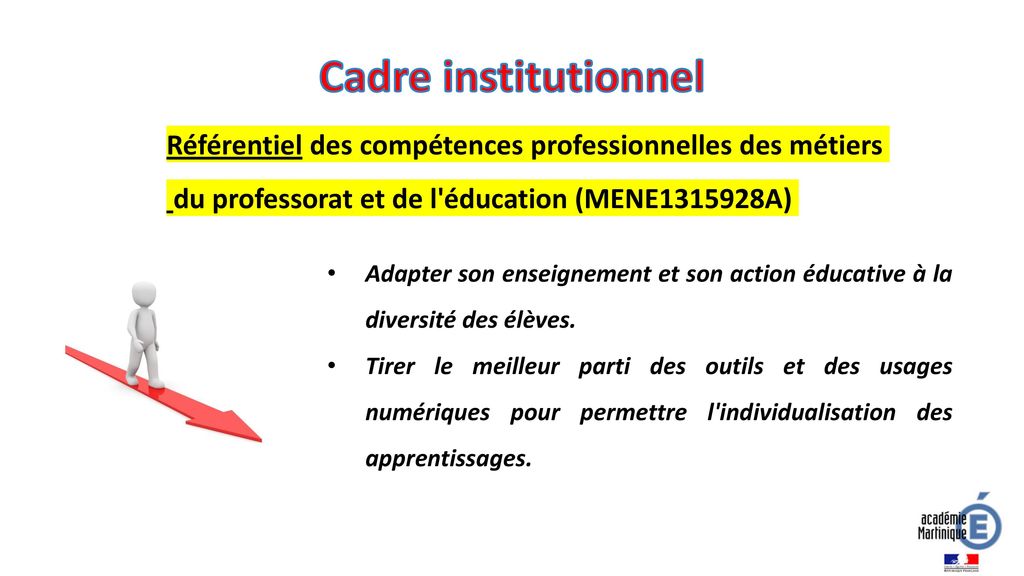 Cadre institutionnel Référentiel des compétences professionnelles des métiers. du professorat et de l éducation (MENE A)