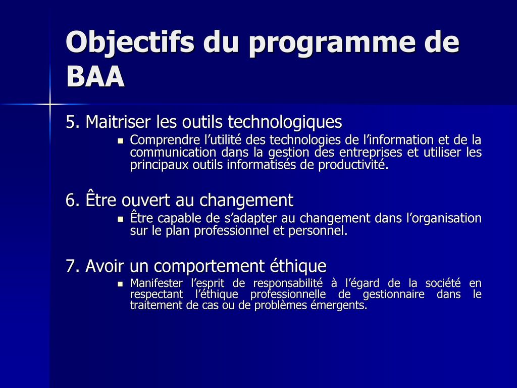 Objectifs du programme de BAA