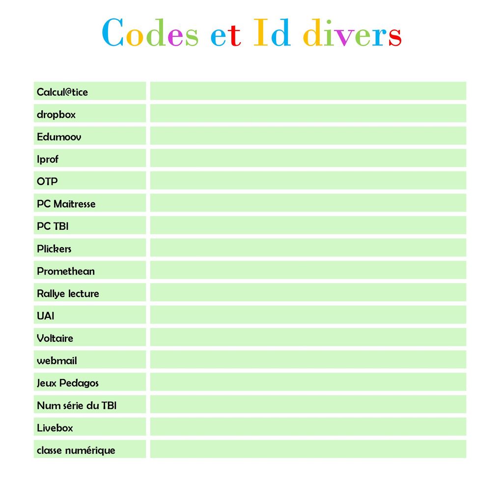 Codes et Id divers dropbox Edumoov Iprof OTP PC Maitresse