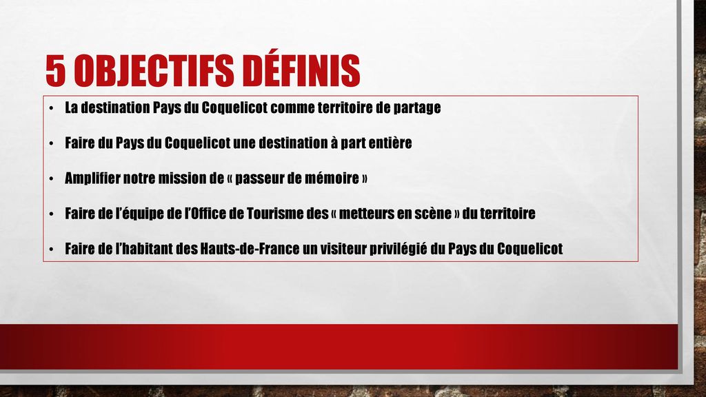 5 objectifs définis La destination Pays du Coquelicot comme territoire de partage. Faire du Pays du Coquelicot une destination à part entière.