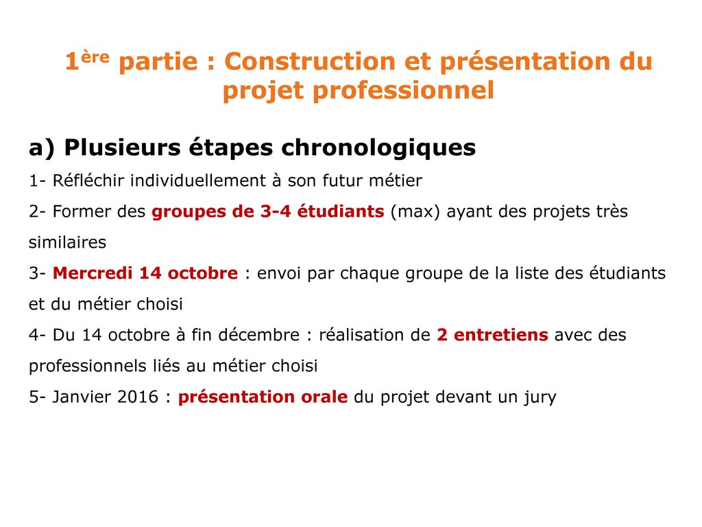 1ère partie : Construction et présentation du projet professionnel