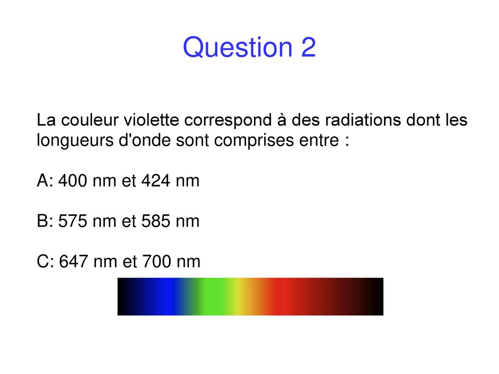 Question 2 La couleur violette correspond à des radiations dont les