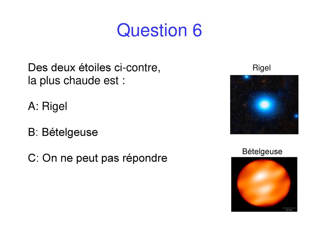 Question 6 Des deux étoiles ci-contre, la plus chaude est : A: Rigel