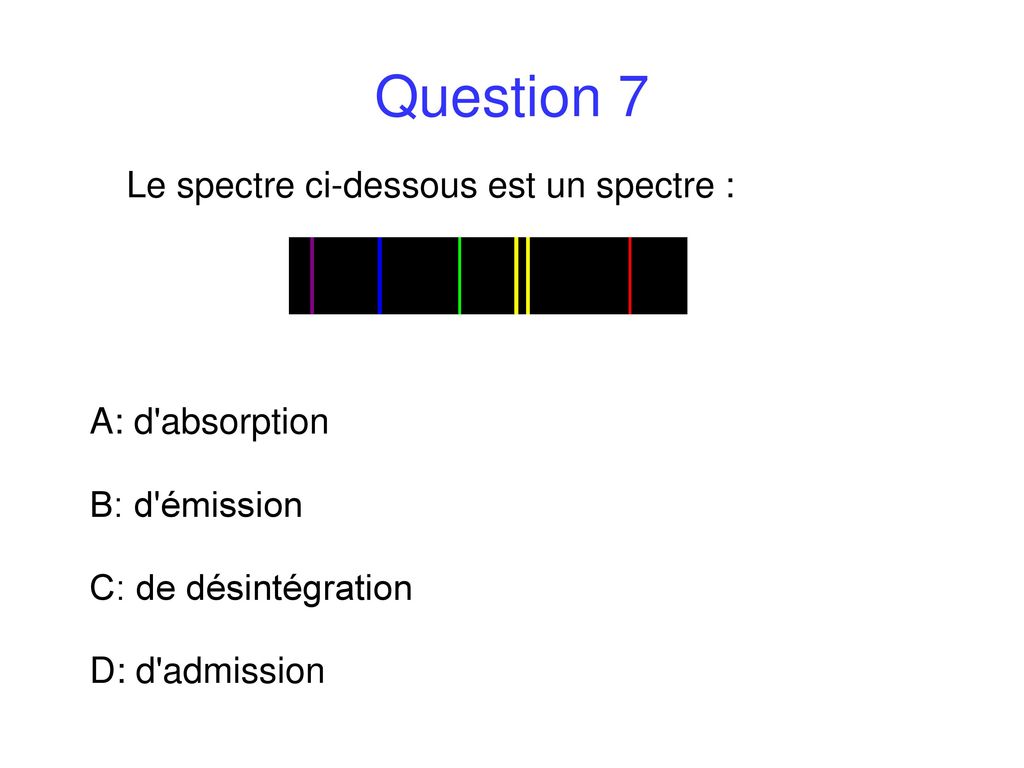 Question 7 Le spectre ci-dessous est un spectre : A: d absorption