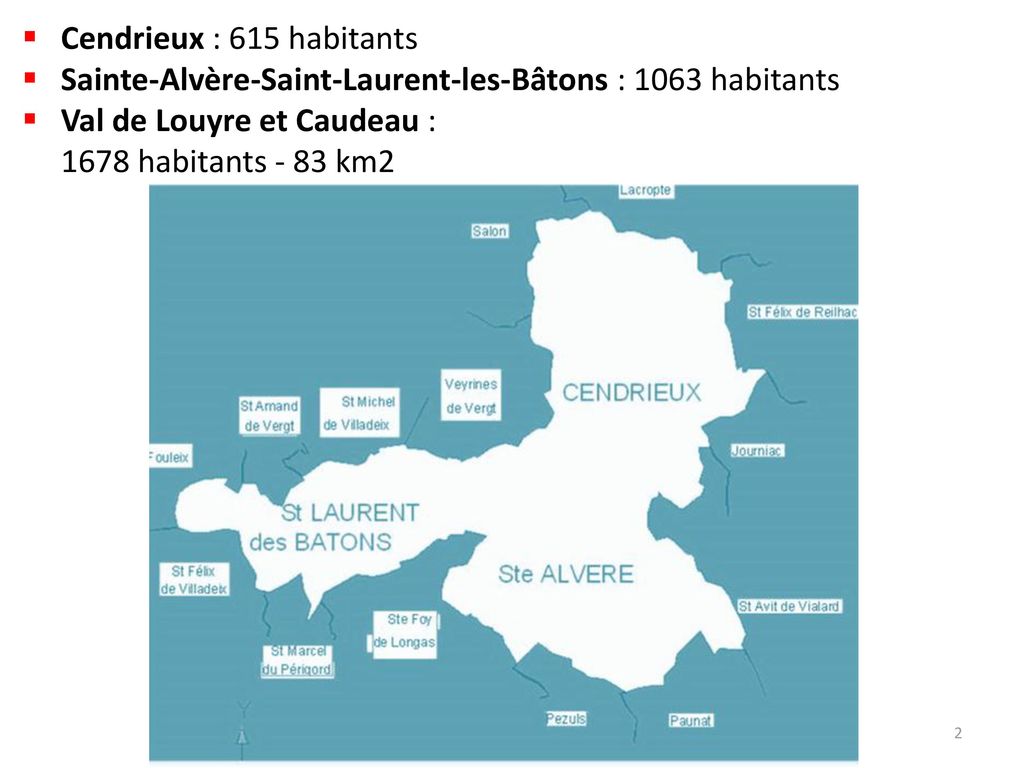 Cendrieux : 615 habitants Sainte-Alvère-Saint-Laurent-les-Bâtons : 1063 habitants. Val de Louyre et Caudeau :