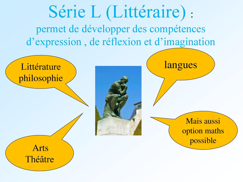 Série L (Littéraire) : permet de développer des compétences d’expression , de réflexion et d’imagination