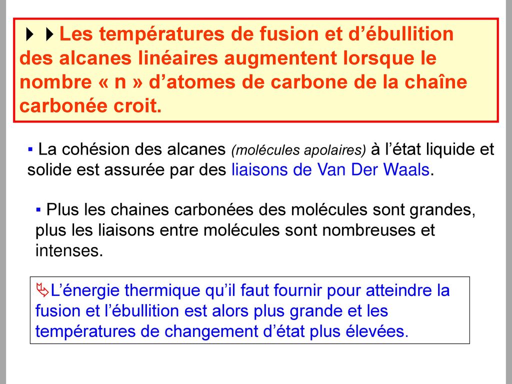 Les températures de fusion et d’ébullition des alcanes linéaires augmentent lorsque le nombre « n » d’atomes de carbone de la chaîne carbonée croit.