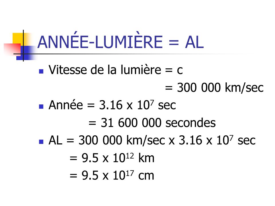 ANNÉE-LUMIÈRE = AL Vitesse de la lumière = c = km/sec