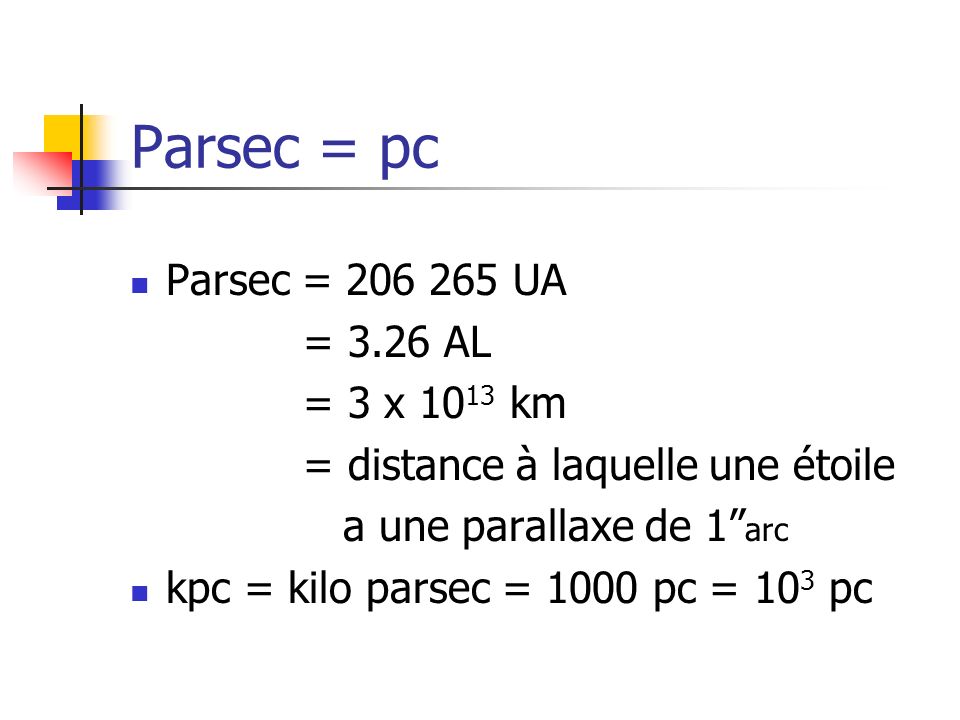 Parsec = pc Parsec = UA = 3.26 AL = 3 x 1013 km