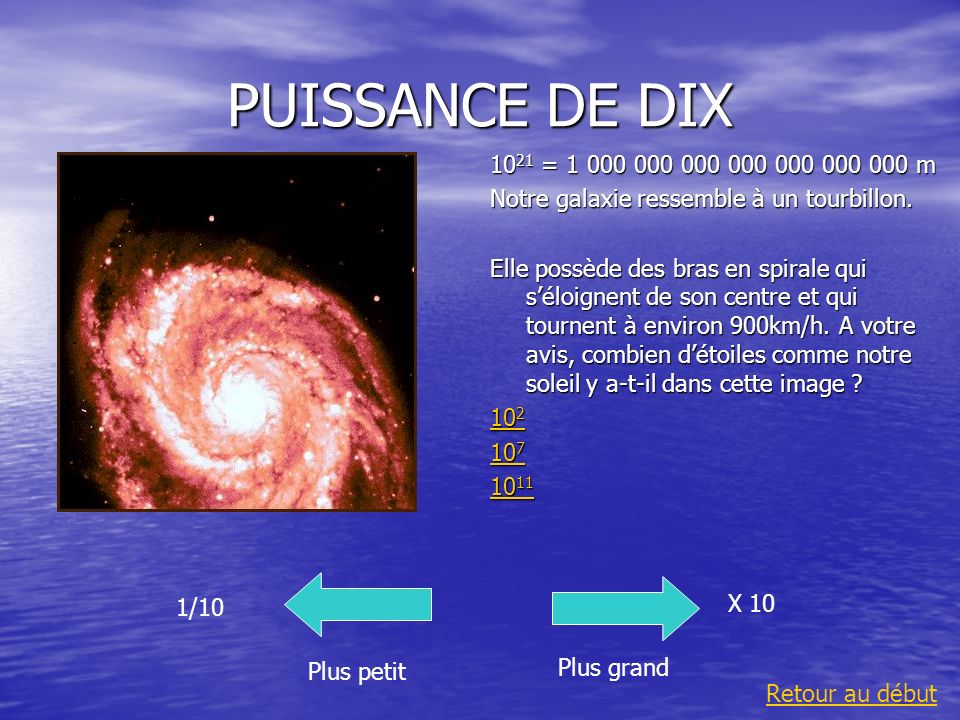 PUISSANCE DE DIX 1021 = m. Notre galaxie ressemble à un tourbillon.