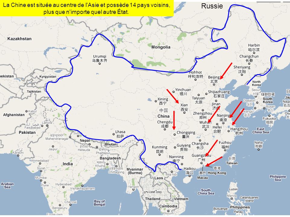 Russie La Chine est située au centre de l Asie et possède 14 pays voisins, plus que n importe quel autre État.