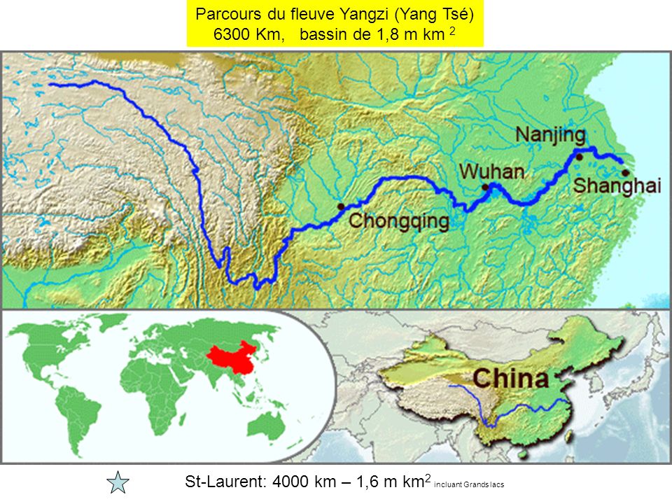 Parcours du fleuve Yangzi (Yang Tsé) 6300 Km, bassin de 1,8 m km 2