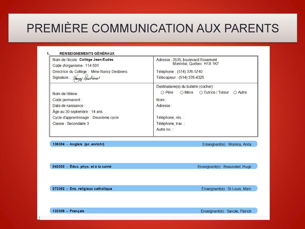 PREMIÈRE COMMUNICATION AUX PARENTS