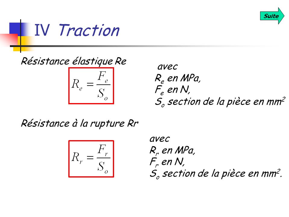 IV Traction Résistance élastique Re avec Re en MPa, Fe en N,