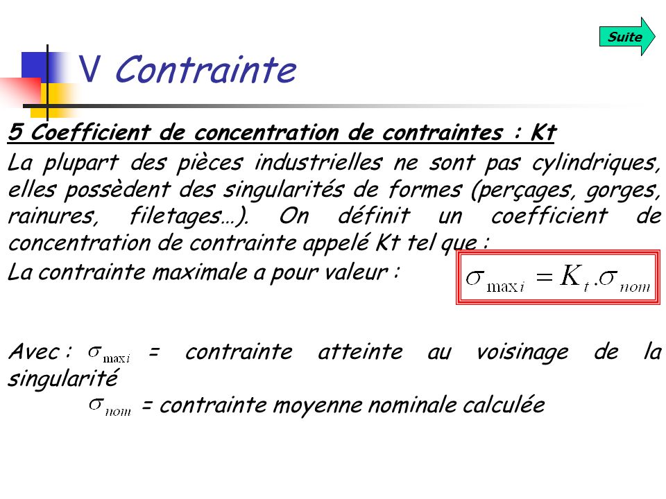 V Contrainte 5 Coefficient de concentration de contraintes : Kt