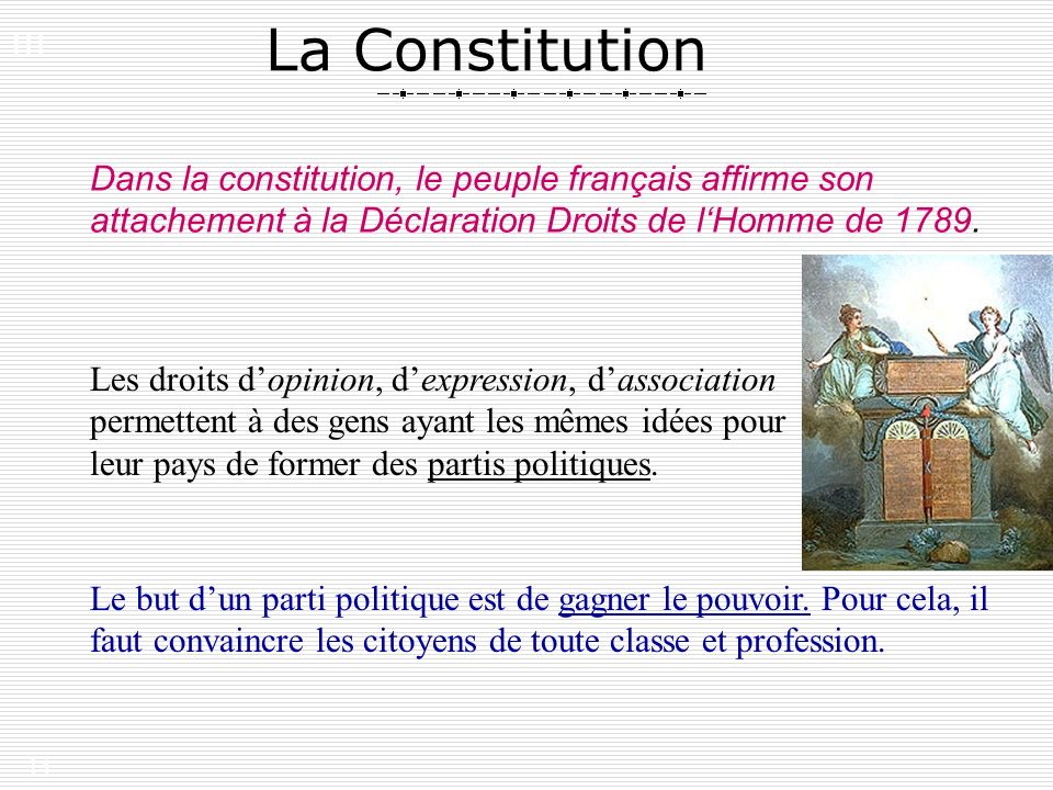 III. La Constitution. Dans la constitution, le peuple français affirme son attachement à la Déclaration Droits de l‘Homme de