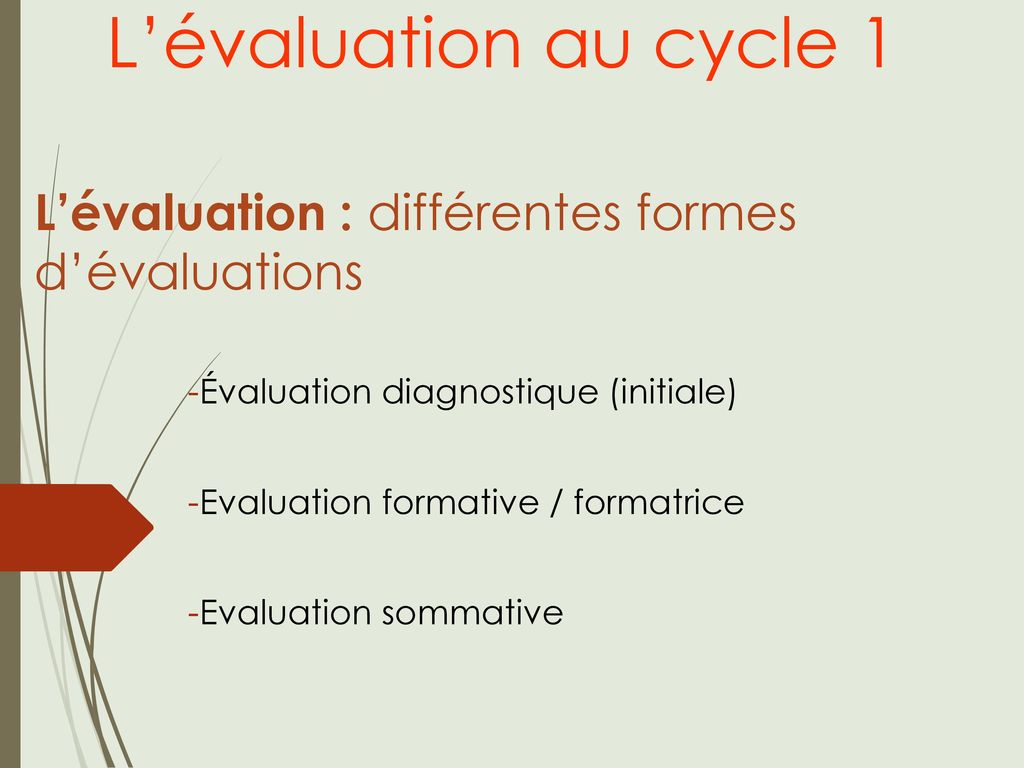 L’évaluation au cycle 1 L’évaluation : différentes formes d’évaluations. Évaluation diagnostique (initiale)